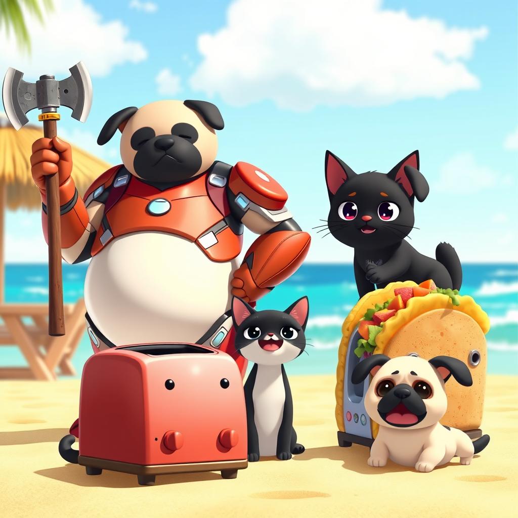 An animated scene featuring a fantastical Iron Man character with a pug's head, confidently holding an ax in one hand