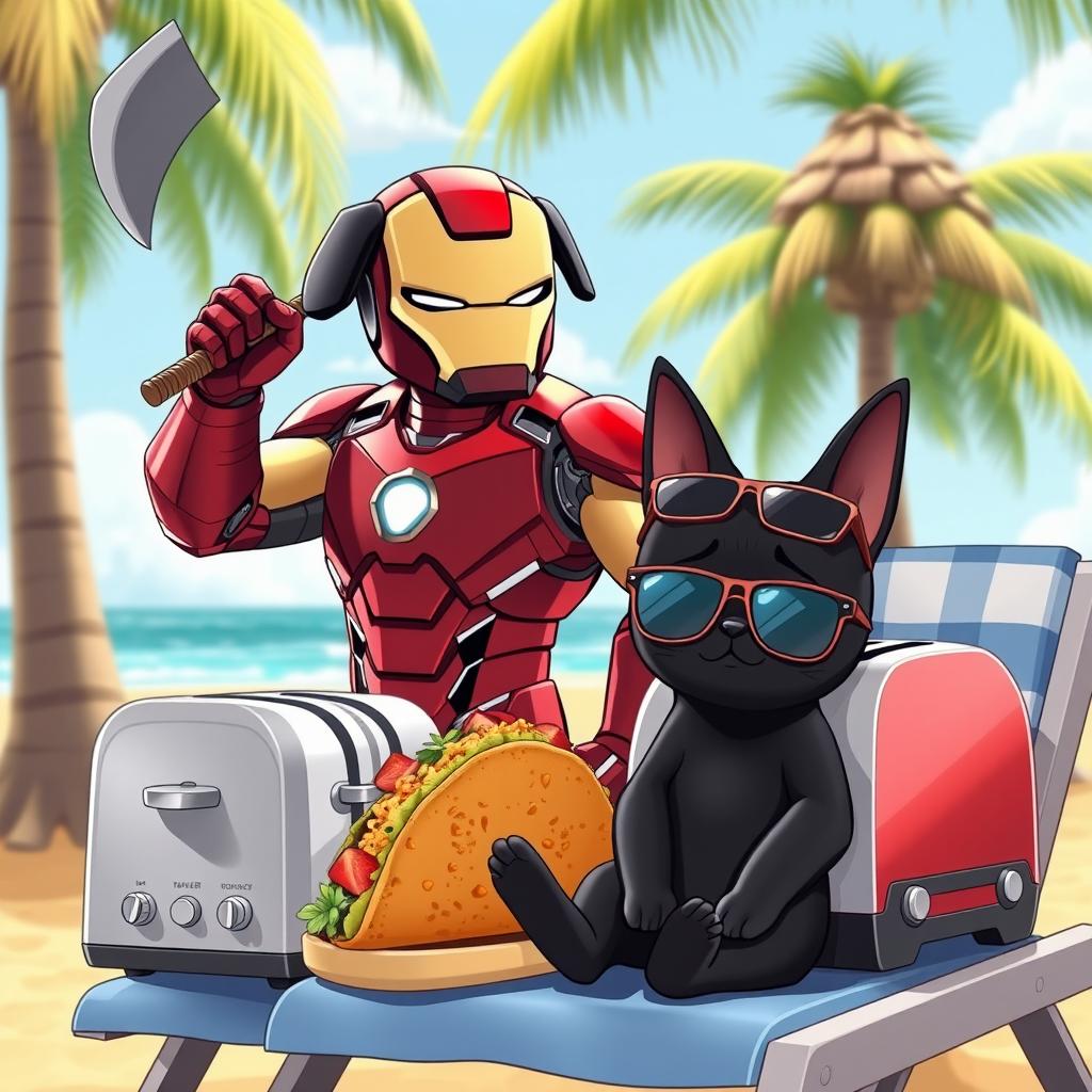 An animated scene featuring Iron Man with a pug's head, confidently holding an axe in one hand
