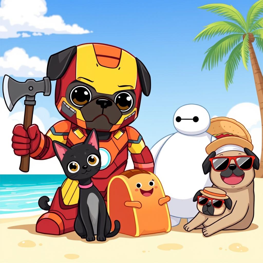 Iron Man character with a cute pug's head, holding an ax in one hand