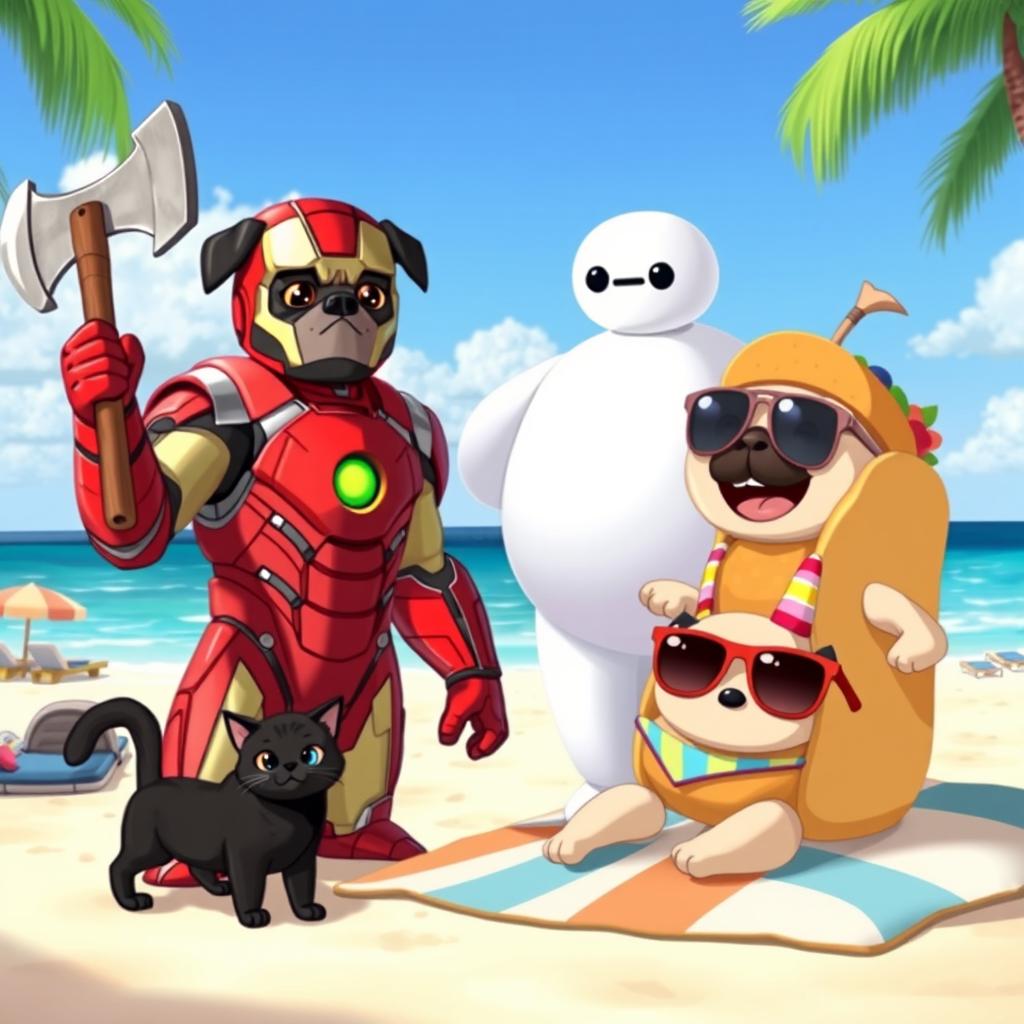 An animated scene depicting Iron Man with a pug's head, wielding an axe in one hand