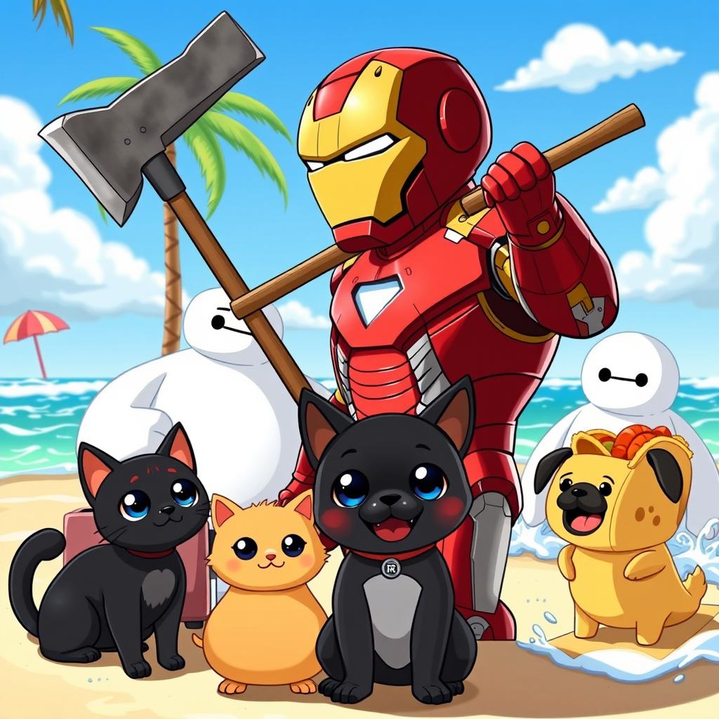 An animated scene depicting Iron Man with a pug's head and holding an ax, accompanied by Baymax from Big Hero 6