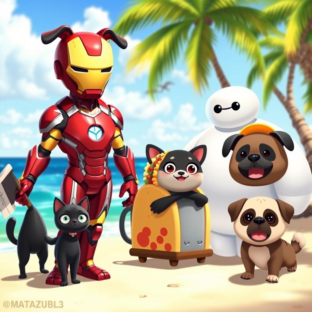 An animated scene featuring Iron Man with a cute pug's head, holding an ax in one hand, alongside Baymax, the friendly healthcare robot