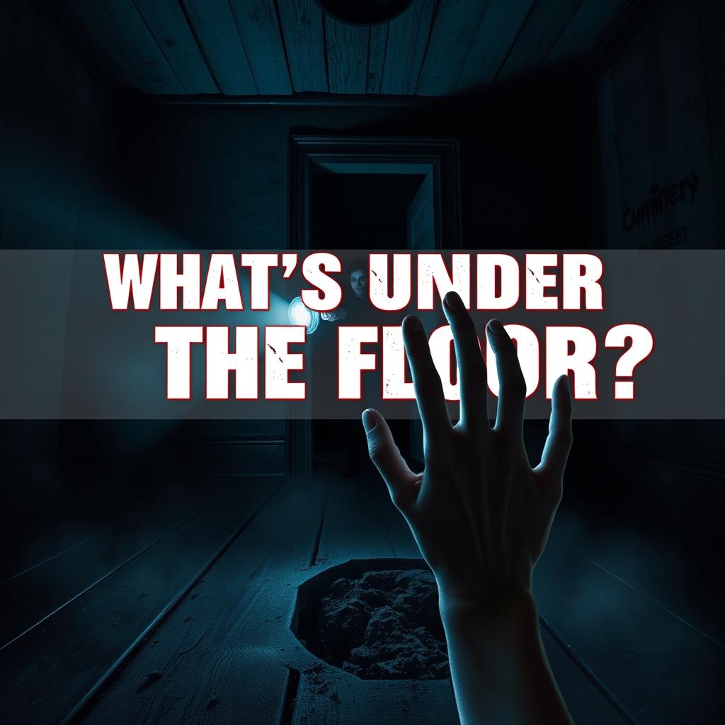 A dimly lit, abandoned old house interior at night, featuring slightly lifted wooden floorboards that reveal a faint, eerie glow emanating from beneath