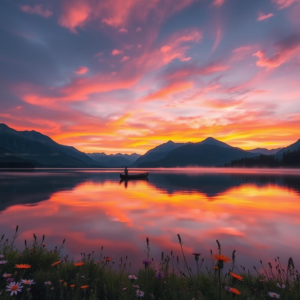 A serene landscape featuring a tranquil lake surrounded by majestic mountains under a vibrant sunset sky