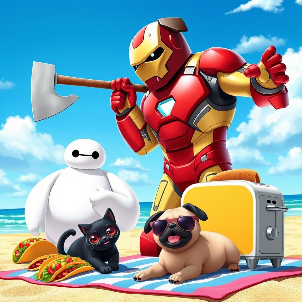 A vibrant animated scene featuring Iron Man with the head of a pug, holding an ax in one hand