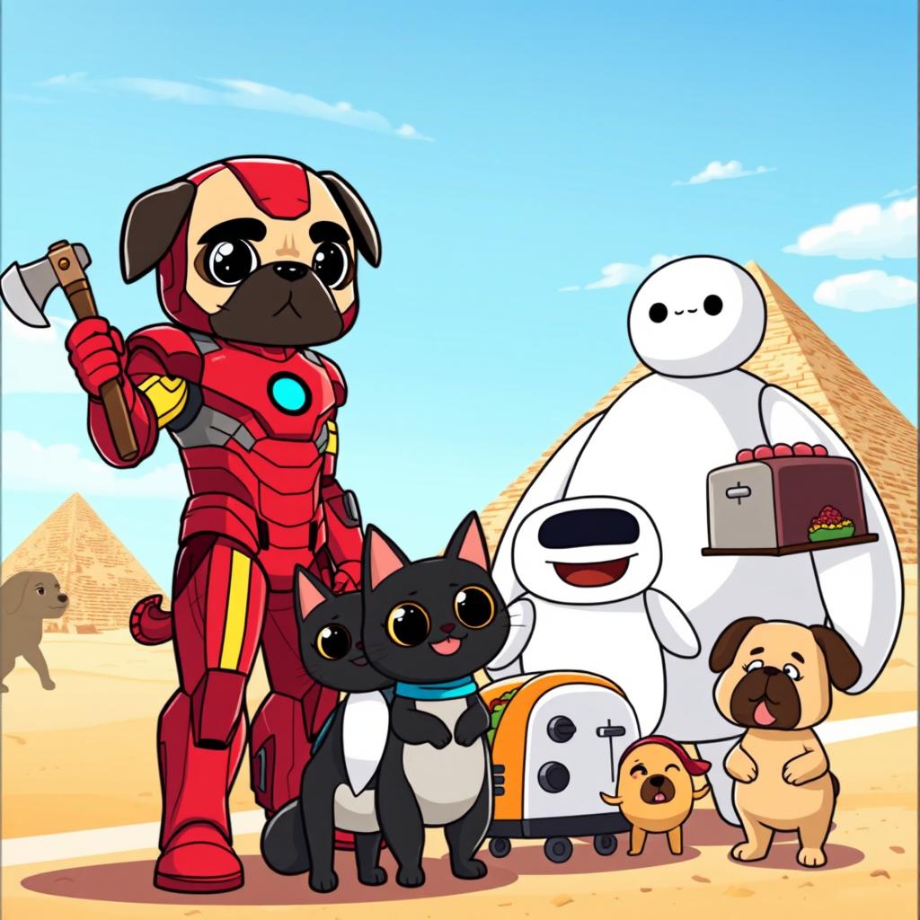 A whimsical animated scene featuring Iron Man with a pug's head, holding an axe in his hand, alongside Baymax, the friendly healthcare companion