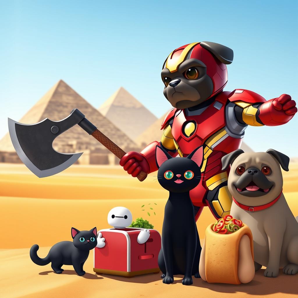 An imaginative scene featuring a playful version of Iron Man with a pug's head, wielding an axe, alongside Baymax from Big Hero 6, a cute female black cat with sparkling eyes, a charming anthropomorphic toaster with a happy face, a delicious taco with vibrant colors, and another pug all enjoying their vacation in front of the majestic pyramids of Egypt