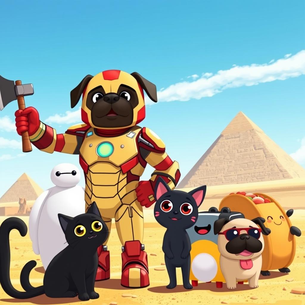 A whimsical animated scene featuring Iron Man with a pug's head, confidently holding an ax in one hand