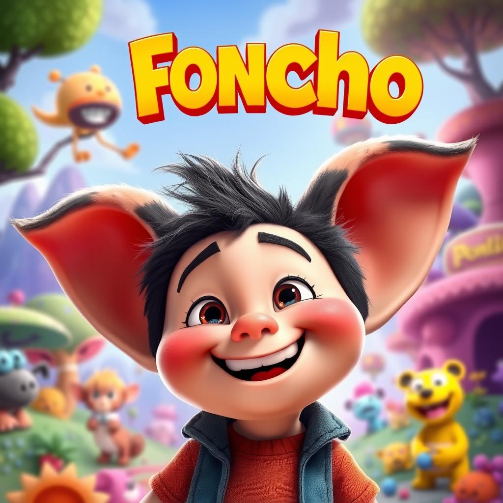 A vibrant and colorful Pixar-style movie poster featuring a chubby boy with large, expressive ears named Foncho