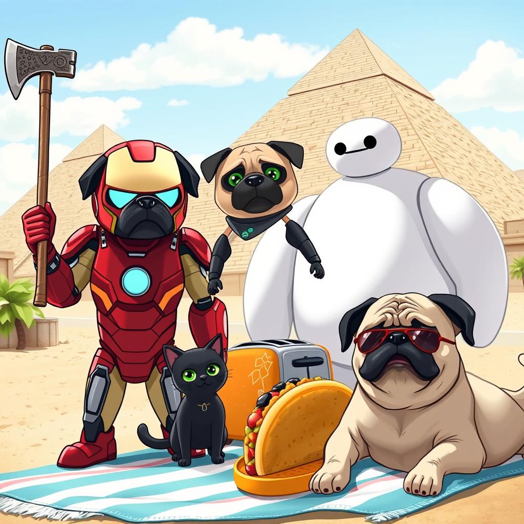 A whimsical and humorous scene featuring Iron Man but with a pug's head, holding an axe in one hand