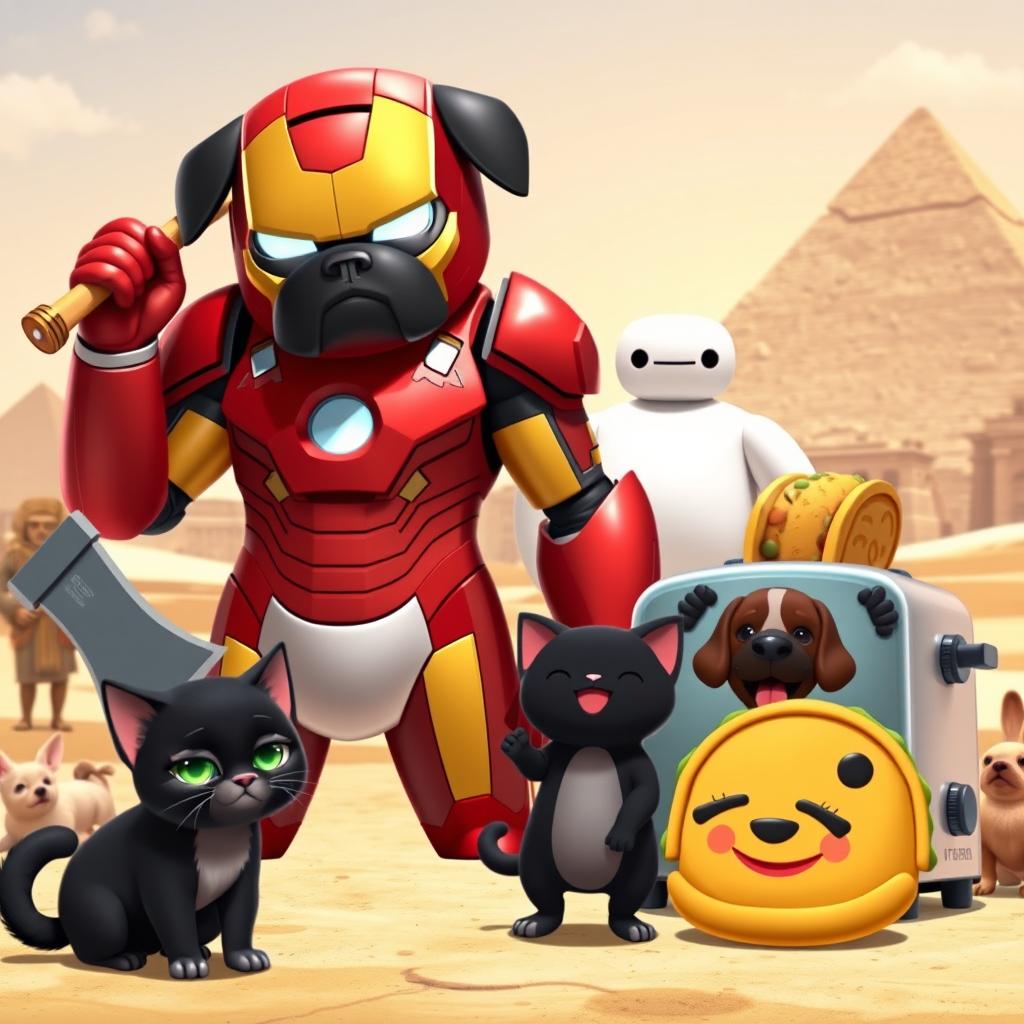 An imaginative animated scene featuring Iron Man with the head of a pug, confidently holding an ax in one hand