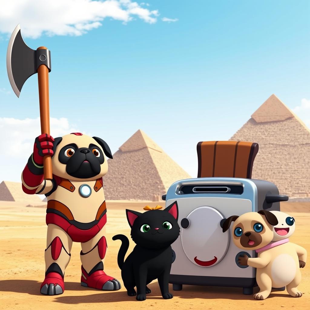 An animated scene showcasing Iron Man with a pug's head, confidently wielding an ax in hand