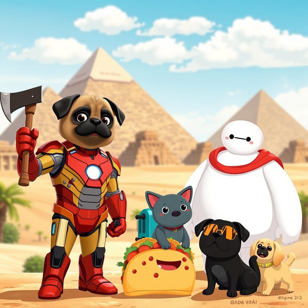 An animated scene featuring Iron Man with a pug's head holding an ax in one hand, alongside Baymax who has a friendly expression