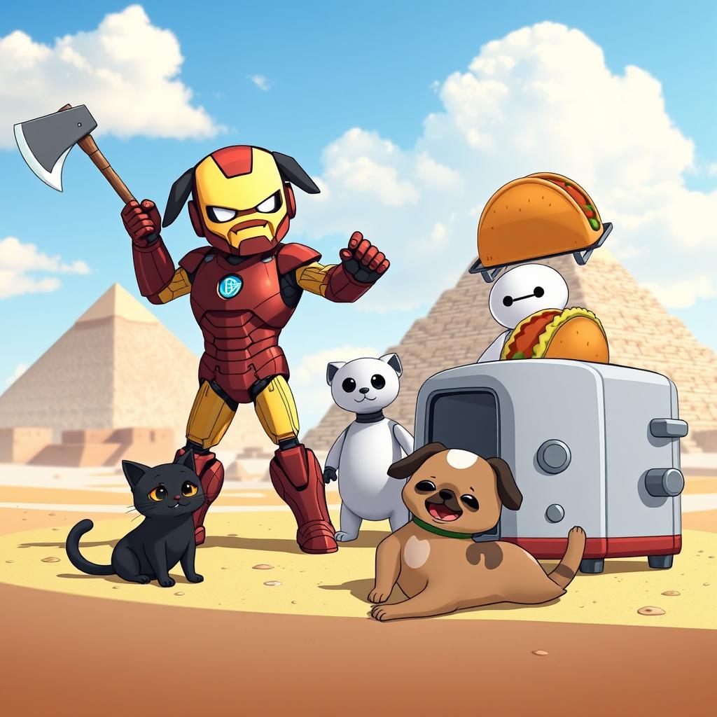 A whimsical animated scene featuring a unique character: Iron Man with a pug's head and an axe in hand, striking a dynamic pose