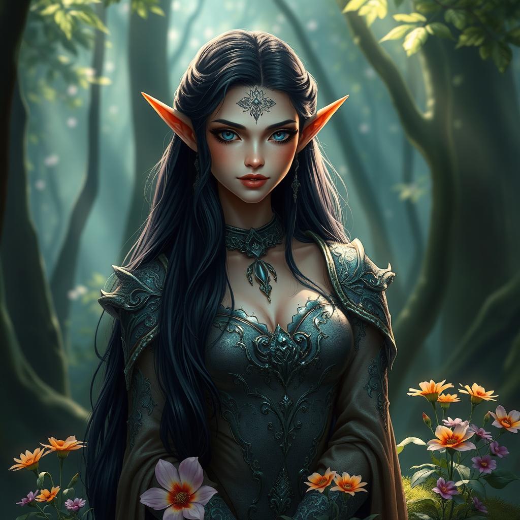 An elegant elf with long black hair cascading down her shoulders, striking blue eyes that shine with an ethereal glow