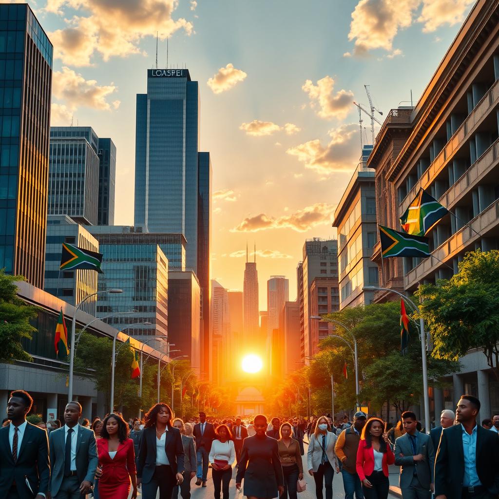 A vibrant and dynamic urban scene depicting South Africa as a rising superpower