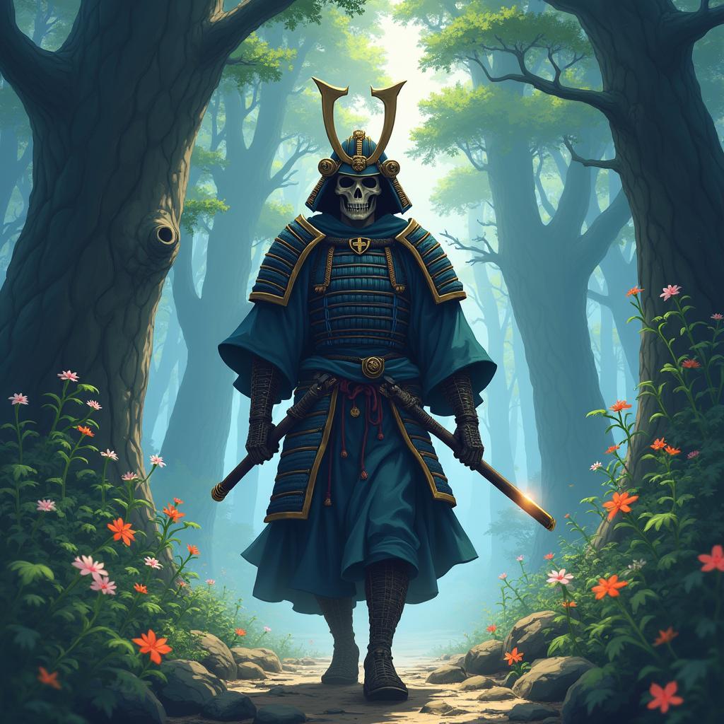 A wandering samurai navigating through an enchanted forest, illustrated in a captivating anime style