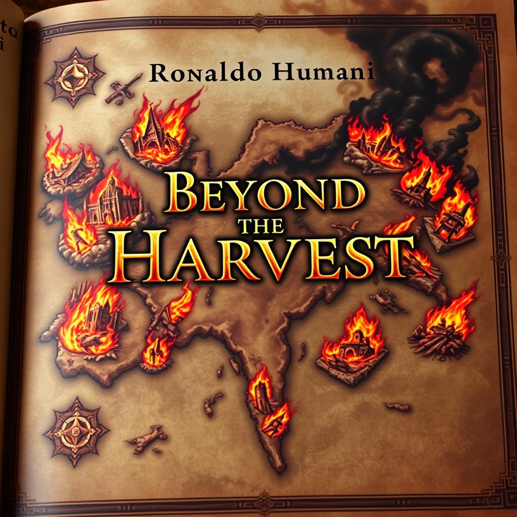 A captivating cover page featuring a richly detailed map illustrating various kingdoms, each consumed by fierce flames and dark smoke, symbolizing devastation and turmoil