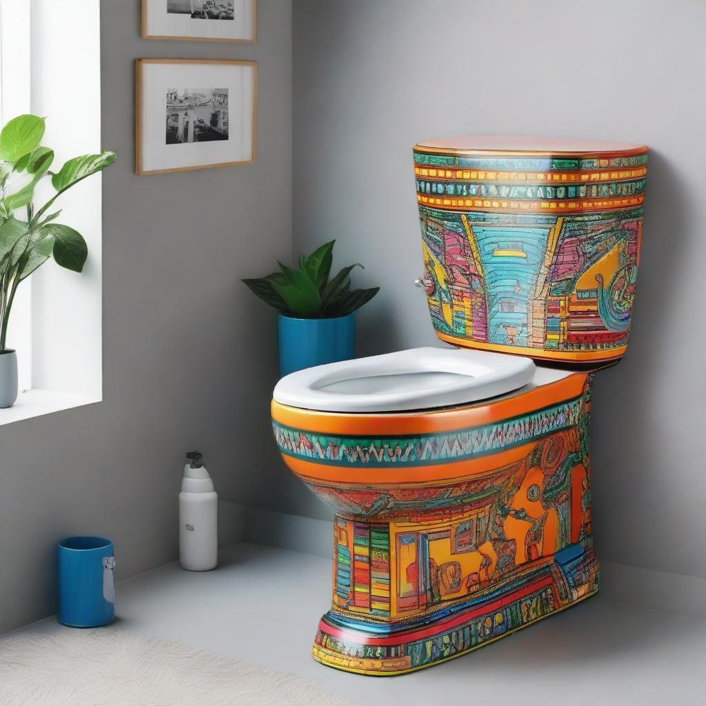 A one-of-a-kind, funky and vividly colored Skibidi-themed toilet full of fun and musical motifs