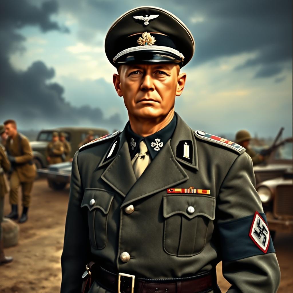 A World War II German officer in a military uniform, showcasing detailed decorations like medals and insignias