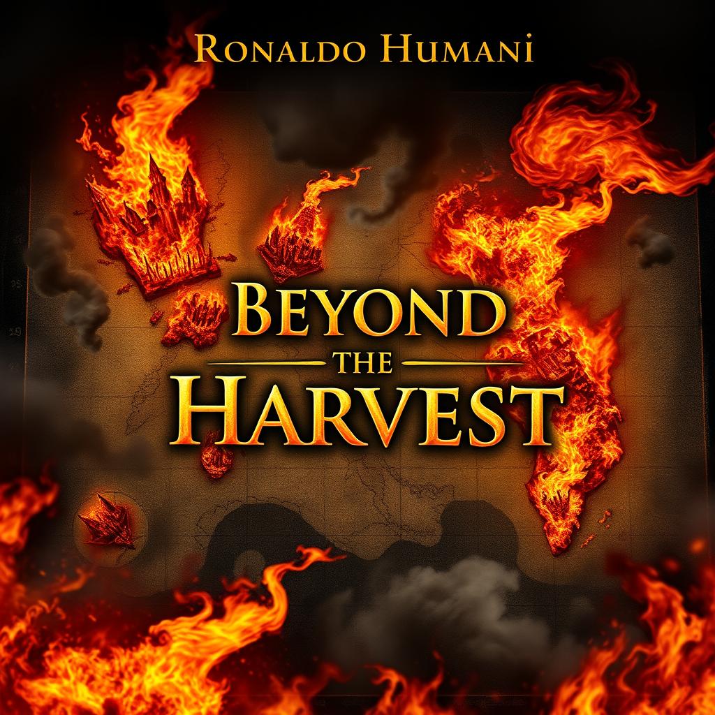 An intense cover page featuring a meticulously crafted map that showcases various kingdoms, all dramatically ablaze with flames and shrouded in swirling smoke, illustrating a sense of destruction and chaos