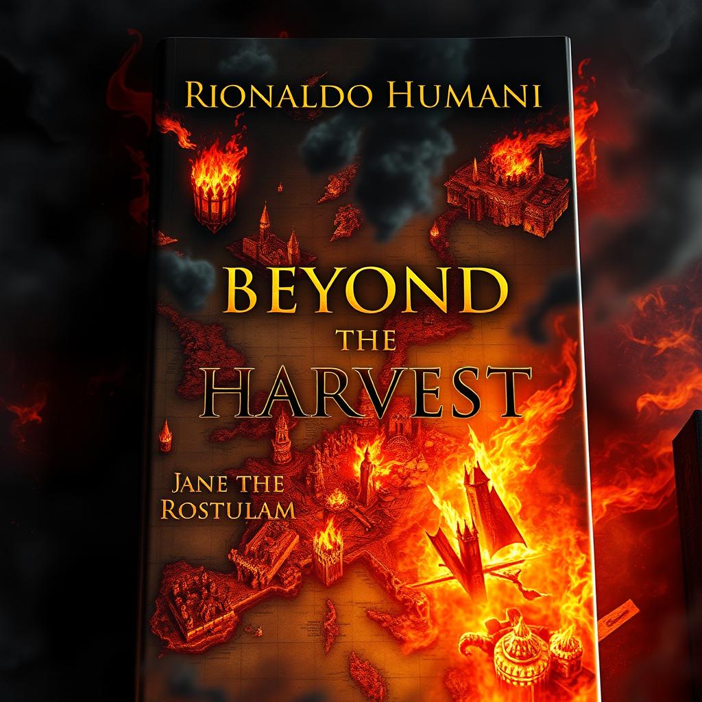 A captivating cover for a novel titled 'Beyond the Harvest', featuring an intricately detailed map showcasing various kingdoms engulfed in flames and swirling smoke, emphasizing destruction and chaos