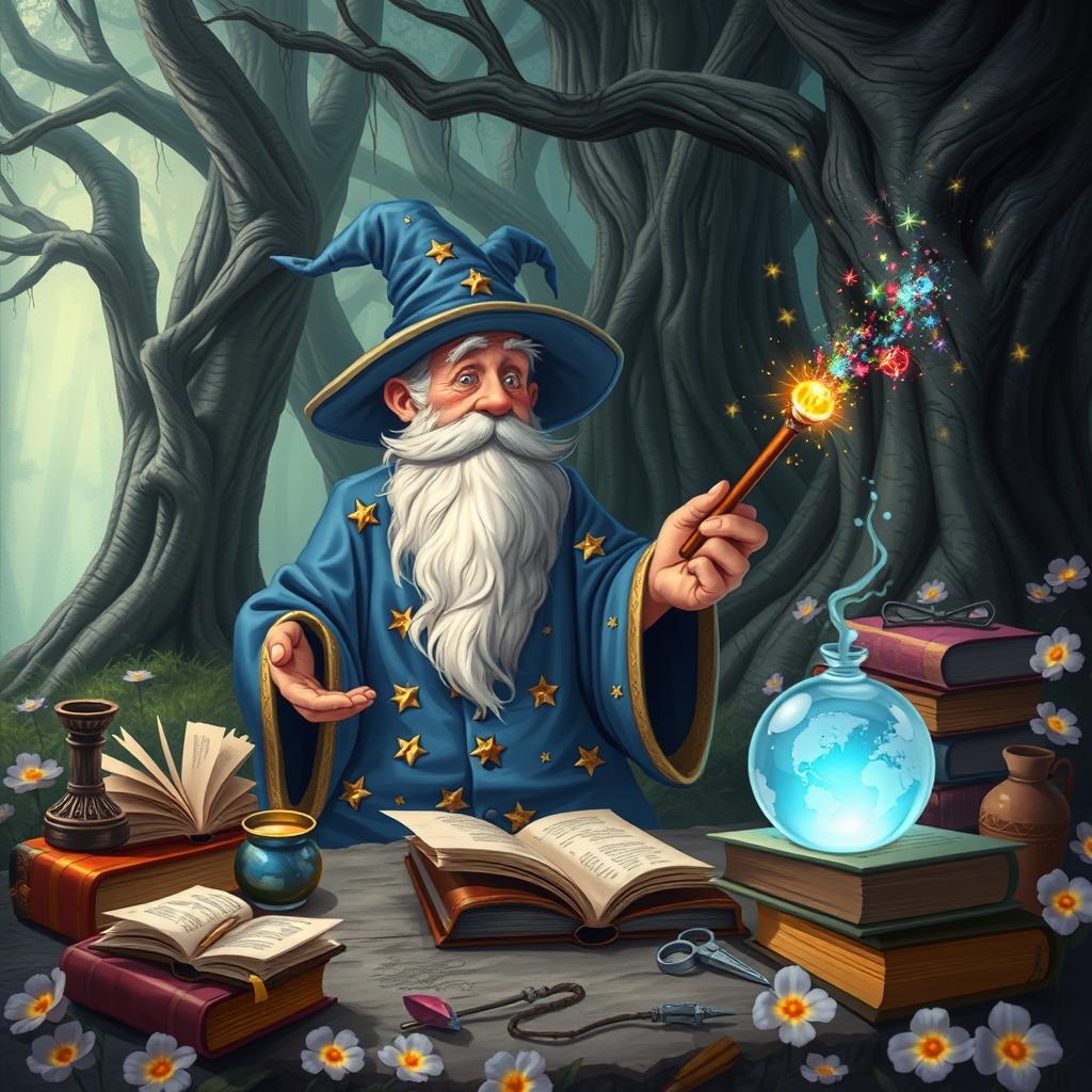 A whimsical scene featuring an enchanting wizard surrounded by spellbooks, magical artifacts, and a glowing orb of light