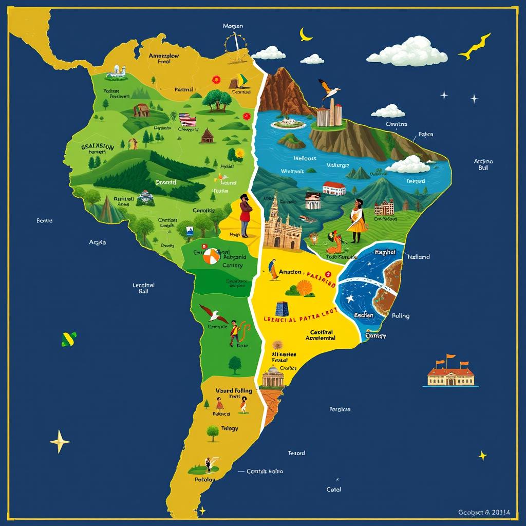 A creative map illustrating a divided Brazil, segmented into four distinct countries