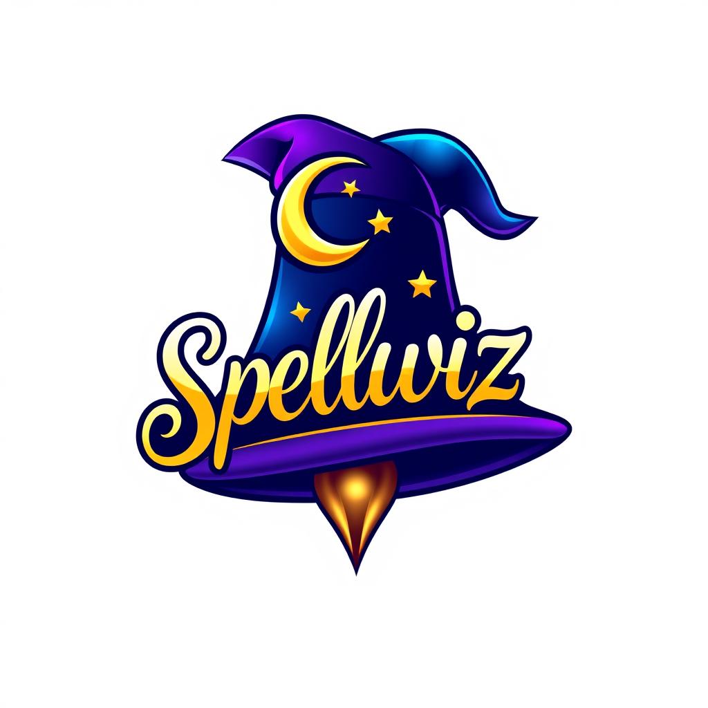 A vibrant logo design for 'Spellwiz', featuring a stylized wizard's hat with a crescent moon and stars