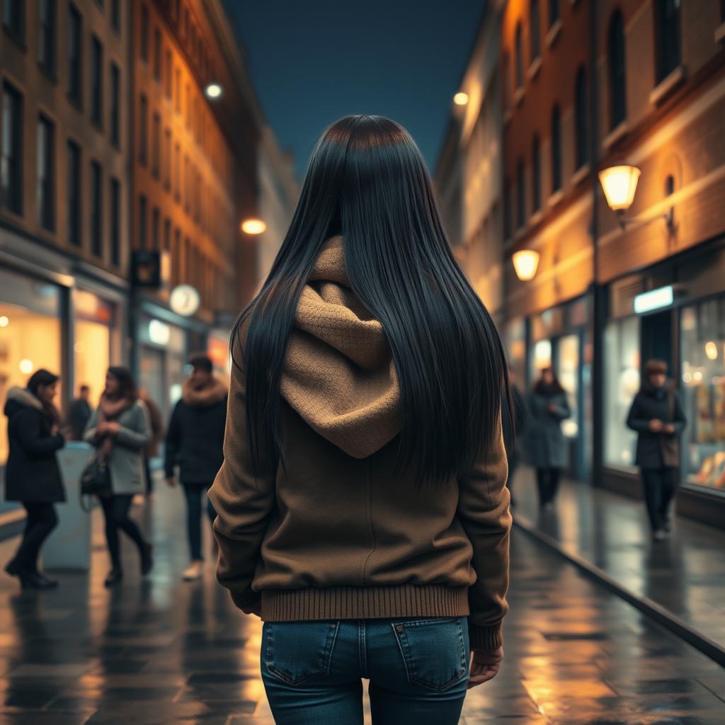 A scene depicting a young girl seen from behind, featuring long, straight black hair, dressed in warm winter clothes including a thick jacket, a cozy scarf, and jeans