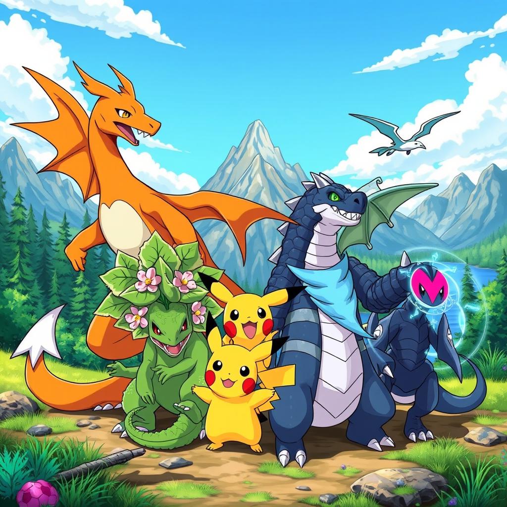 A vibrant illustration of a team of 6 Pokémon gathered together in an epic pose, each displaying their unique features and personalities: a fiery Charizard with vibrant orange scales and majestic wings, a leaf-covered Venusaur with blooming flowers on its back, an electric Pikachu with bright yellow fur, a majestic Lapras gliding gracefully through water, a tough Onix with rocky, spiked body, and a mystical Mewtwo with psychic energy swirling around it