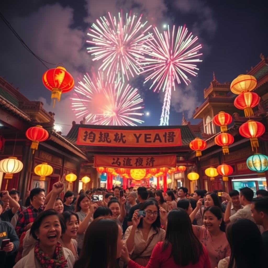 A festive and vibrant New Year's celebration featuring intricate decorations, colorful banners, and joyful people celebrating