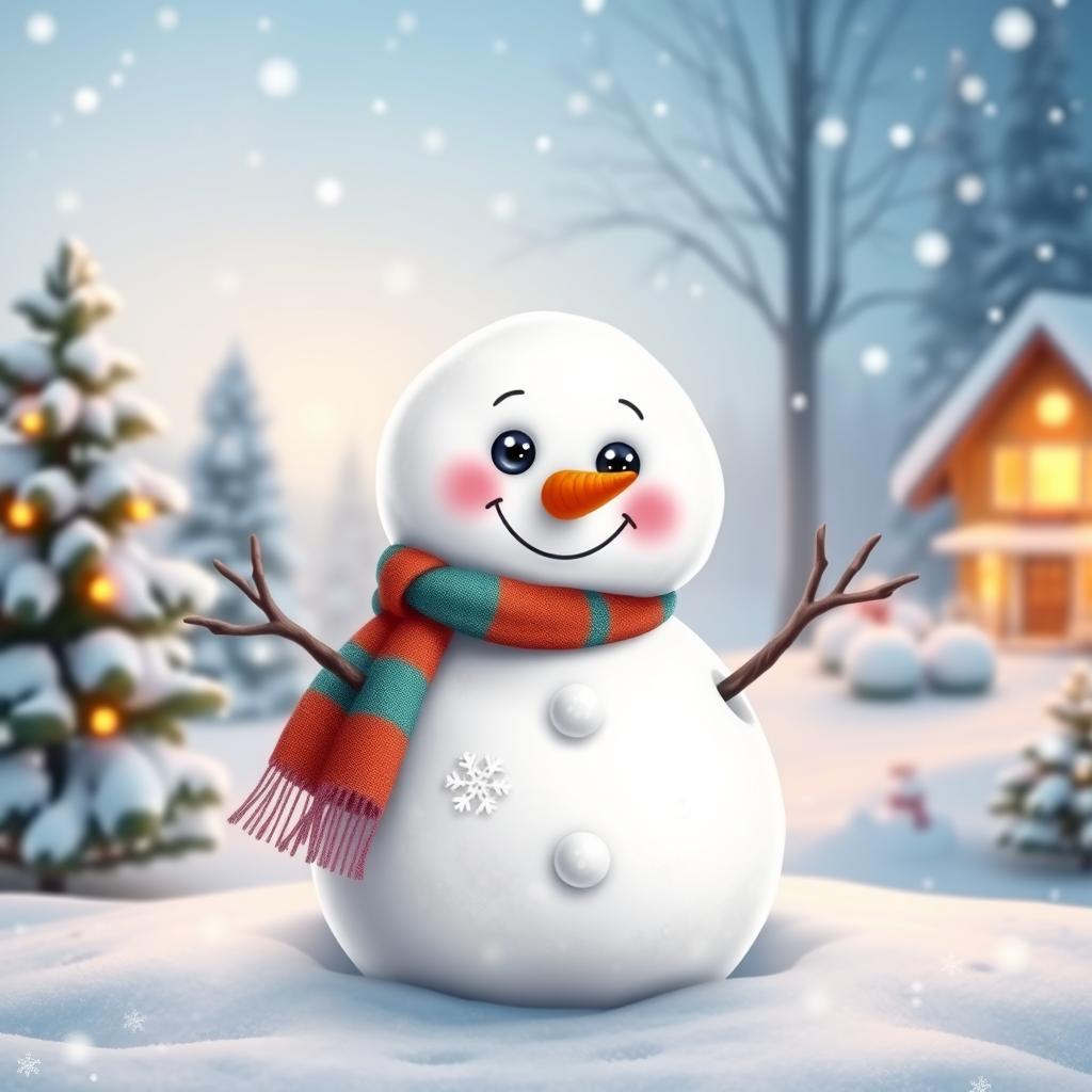 A cute snowman character, with a round body made of fluffy snow, adorned with a colorful scarf and a cheerful smile