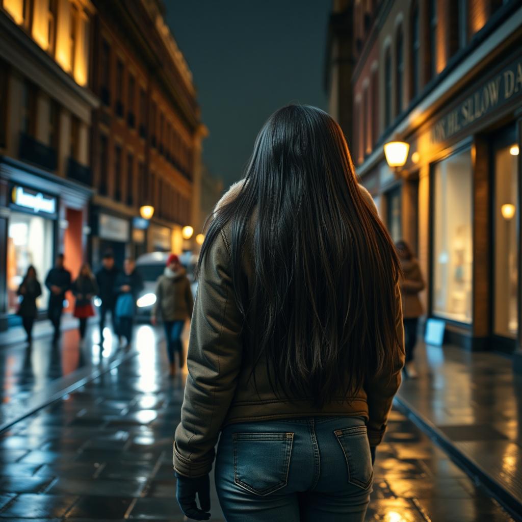 A scene depicting a young girl seen from behind, featuring long, straight black hair, dressed in warm winter clothes including a thick jacket, a cozy scarf, and jeans