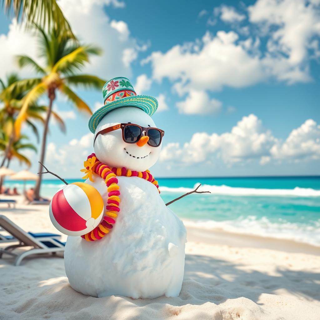 A whimsical scene featuring a snowman at a warm beach