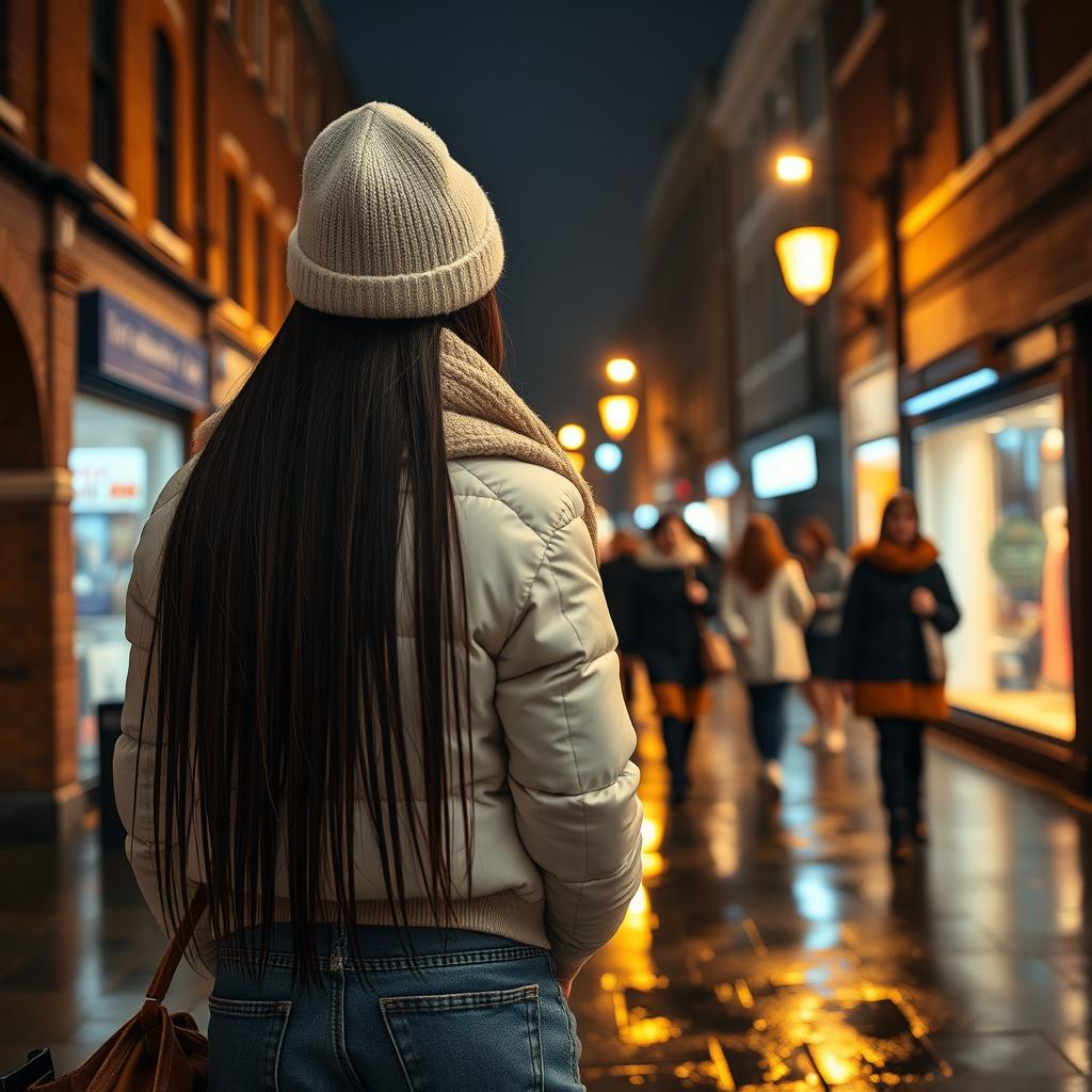 A scene depicting a young girl seen from behind, featuring long, straight black hair, dressed in warm winter clothes including a white puffer jacket, a white winter hat, a cozy scarf, and loose jeans