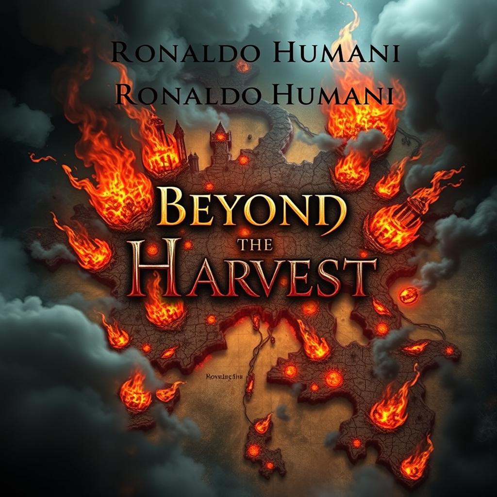 A striking cover for a novel titled 'Beyond the Harvest', featuring a detailed and dramatic map of kingdoms, with all realms represented as being engulfed in flames and swirling smoke, symbolizing chaos and devastation