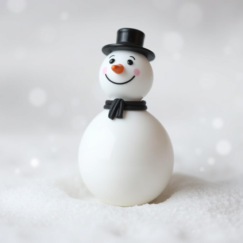 A plastic figurine of a snowman that does not smile, showcasing a simple and minimalist design