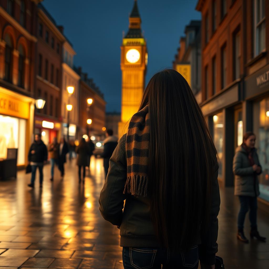 A scene depicting a young girl seen from behind, with long, straight black hair, dressed in warm winter clothes including a thick jacket, a cozy scarf, and jeans