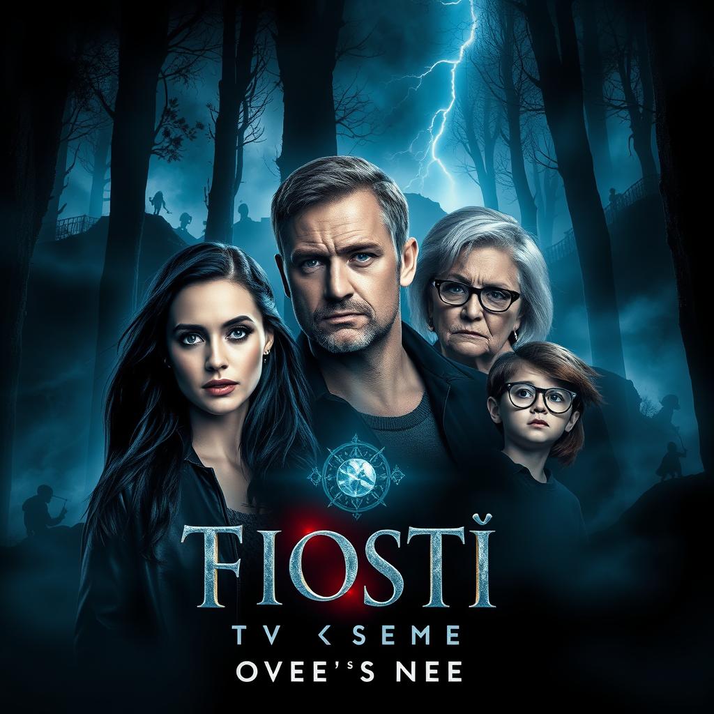 A captivating poster for a supernatural TV series, featuring a dark and mysterious forest with eerie fog swirling around the trees