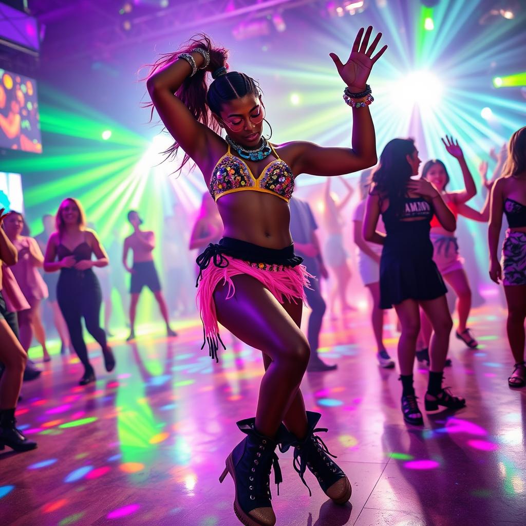 A vibrant and energetic scene of a rave party featuring an expressive dancer, Thanis, performing an epic twerk move on a colorful dance floor