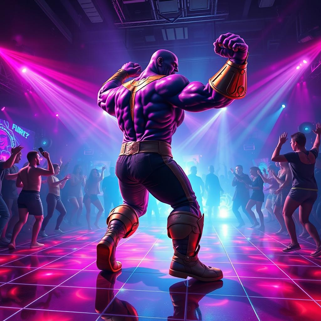 A vibrant and energetic scene of a rave party featuring Thanos, the iconic character from the Marvel universe, performing an epic twerk move on a pulsating dance floor