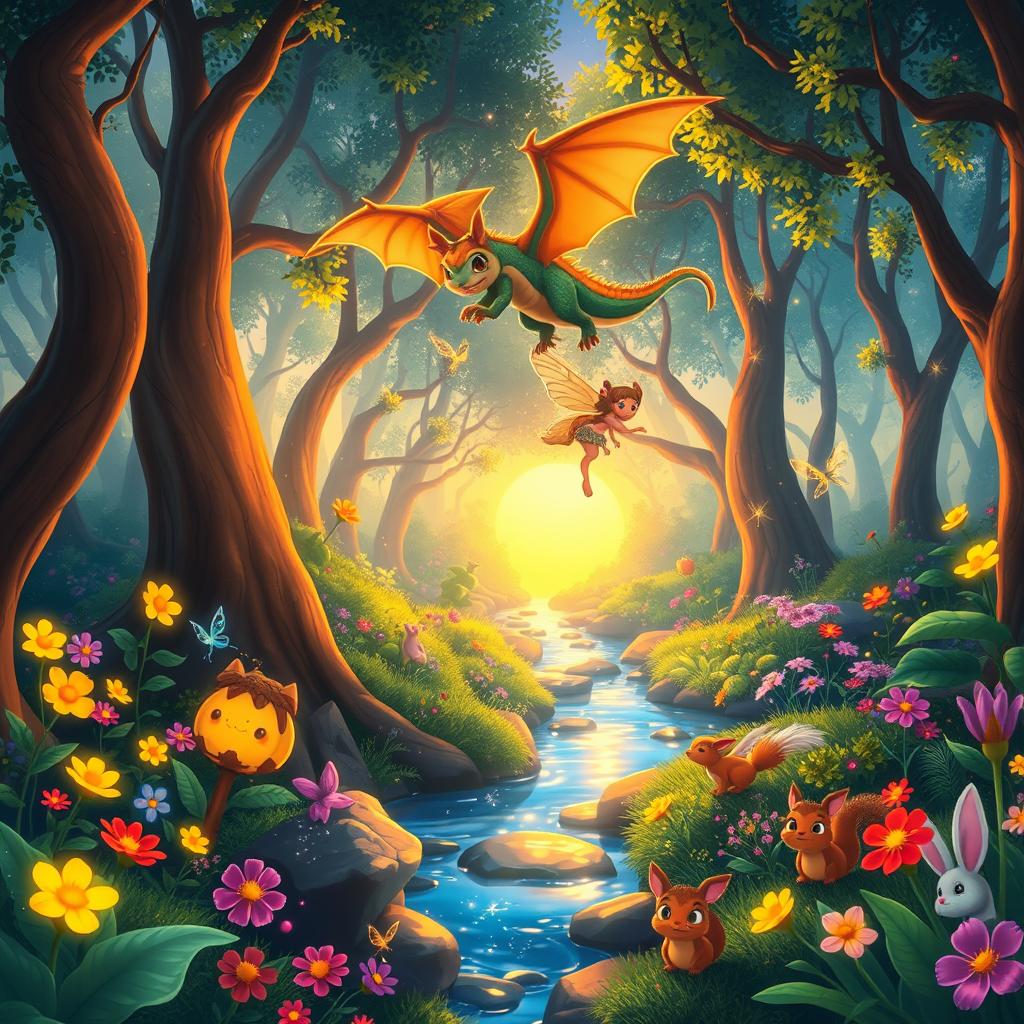 A vibrant animated scene featuring a magical forest with glowing plants and whimsical creatures