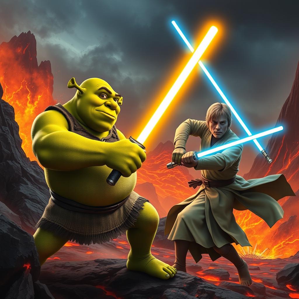 An epic scene of Shrek, the beloved ogre character, engaging in an intense lightsaber battle against Obi-Wan Kenobi on the fiery, volcanic planet Mustafar