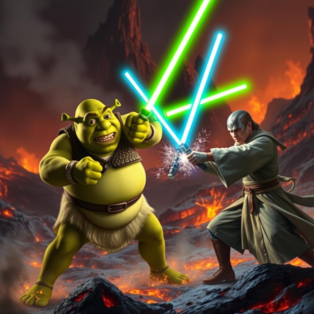 An epic lightsaber battle between Shrek and Obi-Wan Kenobi on the volcanic planet Mustafar