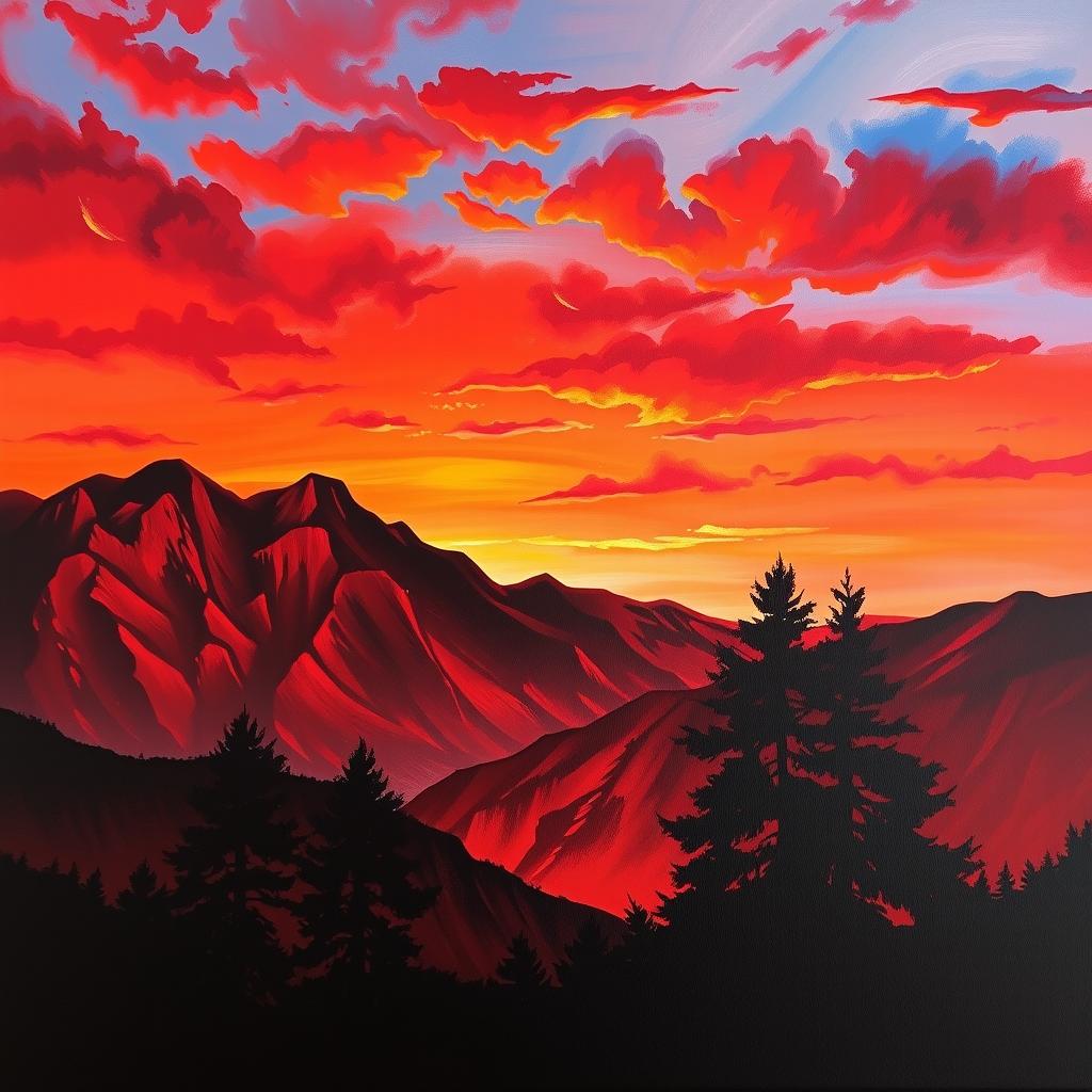 A stunning sunset landscape titled "Saulriets Kalnos" featuring red and orange mountains set against a backdrop of a vibrant sky