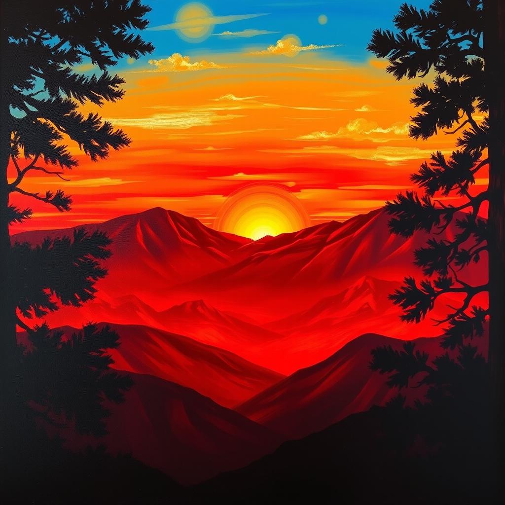 A stunning sunset over red and orange mountains, with the dark silhouettes of trees framing the scene