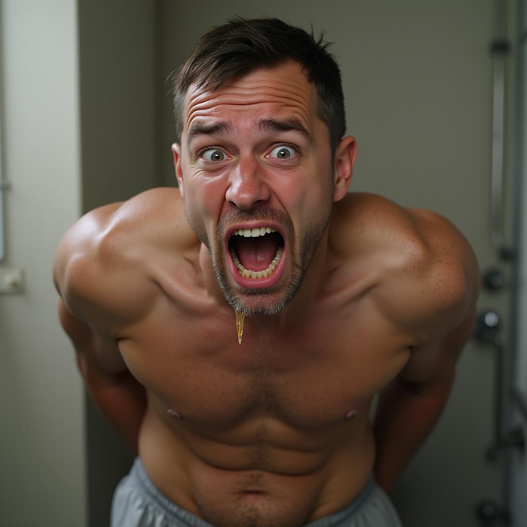 A photorealistic depiction of a man who has just been punched in the abs, showing a pained and surprised expression