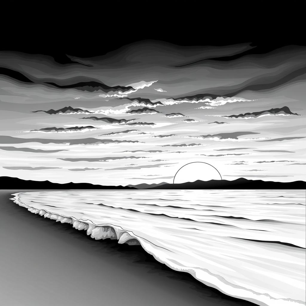 A beautiful black and white painting of a sunset over the ocean, with soft waves gently lapping at the shore