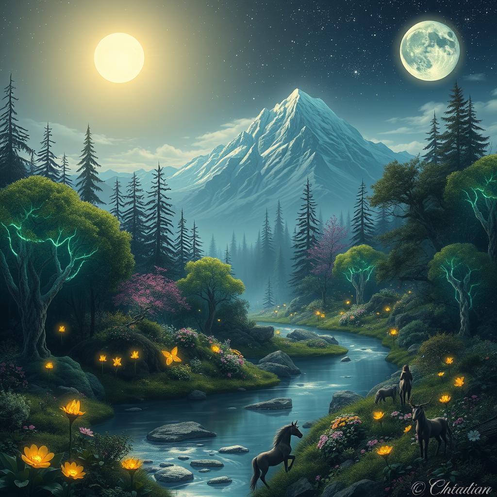 A stunning fantasy landscape depicting a magical forest filled with luminescent trees and exotic plants